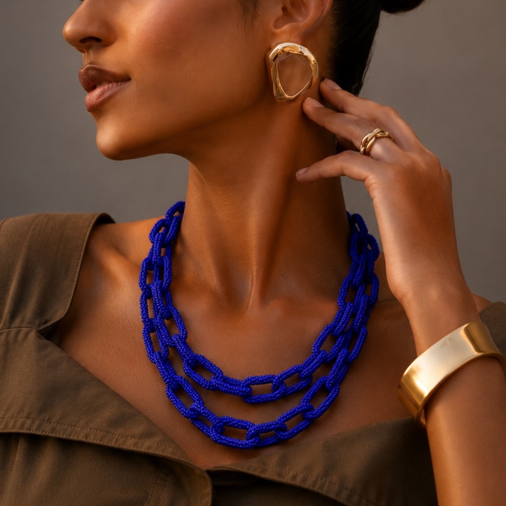 ✨🆕✨Chunky Yellow Seed Bead Chain Link Necklace - Cobalt Blue 28”